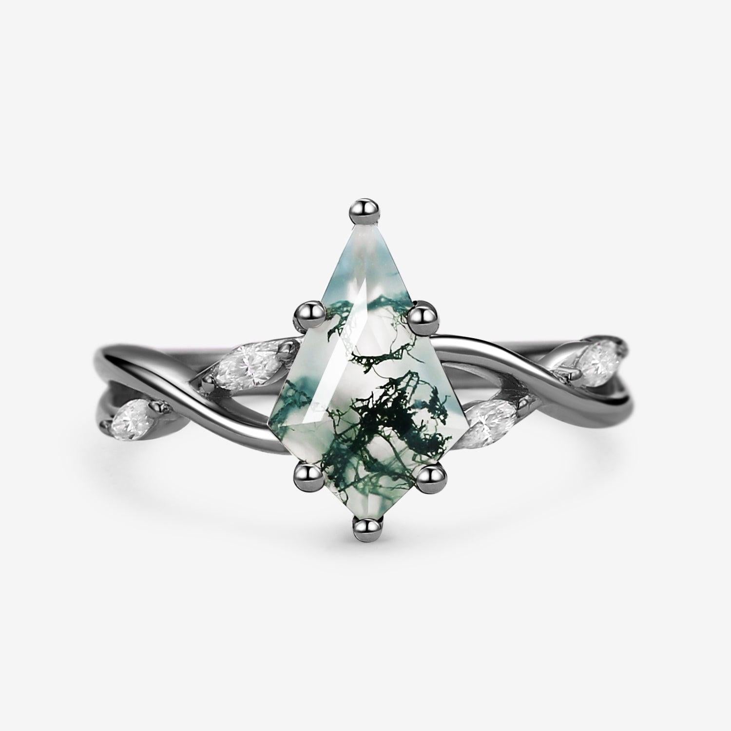 Vera Infinity Kite Cut Moss Agate Classic Engagement Ring.