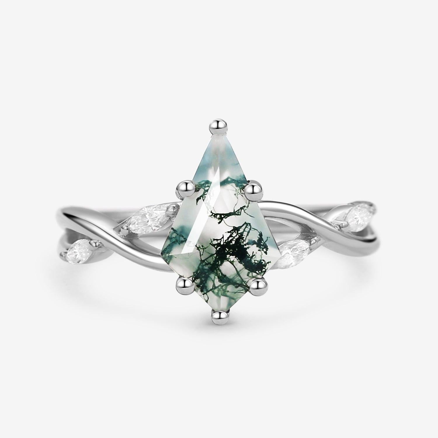 Vera Infinity Kite Cut Moss Agate Classic Engagement Ring.
