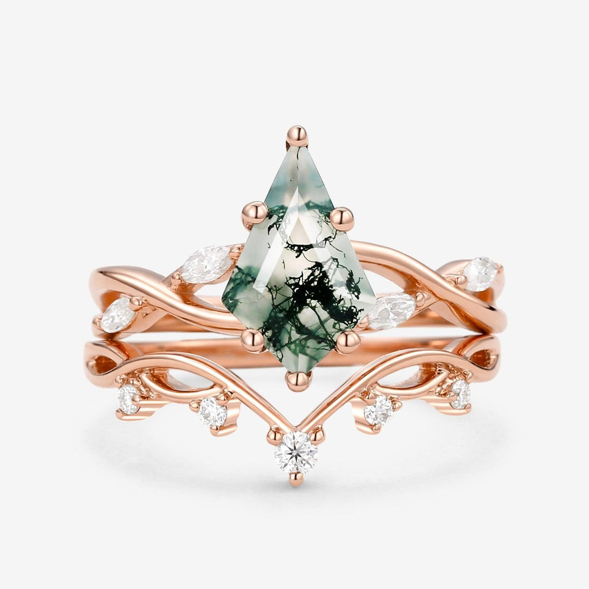 Unique Kite Cut Moss Agate Infinity Engagement Ring Sets 2pcs.
