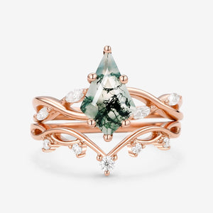 Unique Kite Cut Moss Agate Infinity Engagement Ring Sets 2pcs.