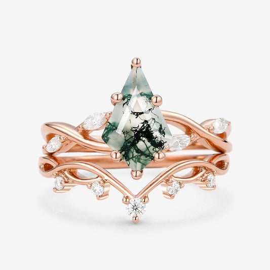 Unique Kite Cut Moss Agate Infinity Engagement Ring Sets 2pcs.