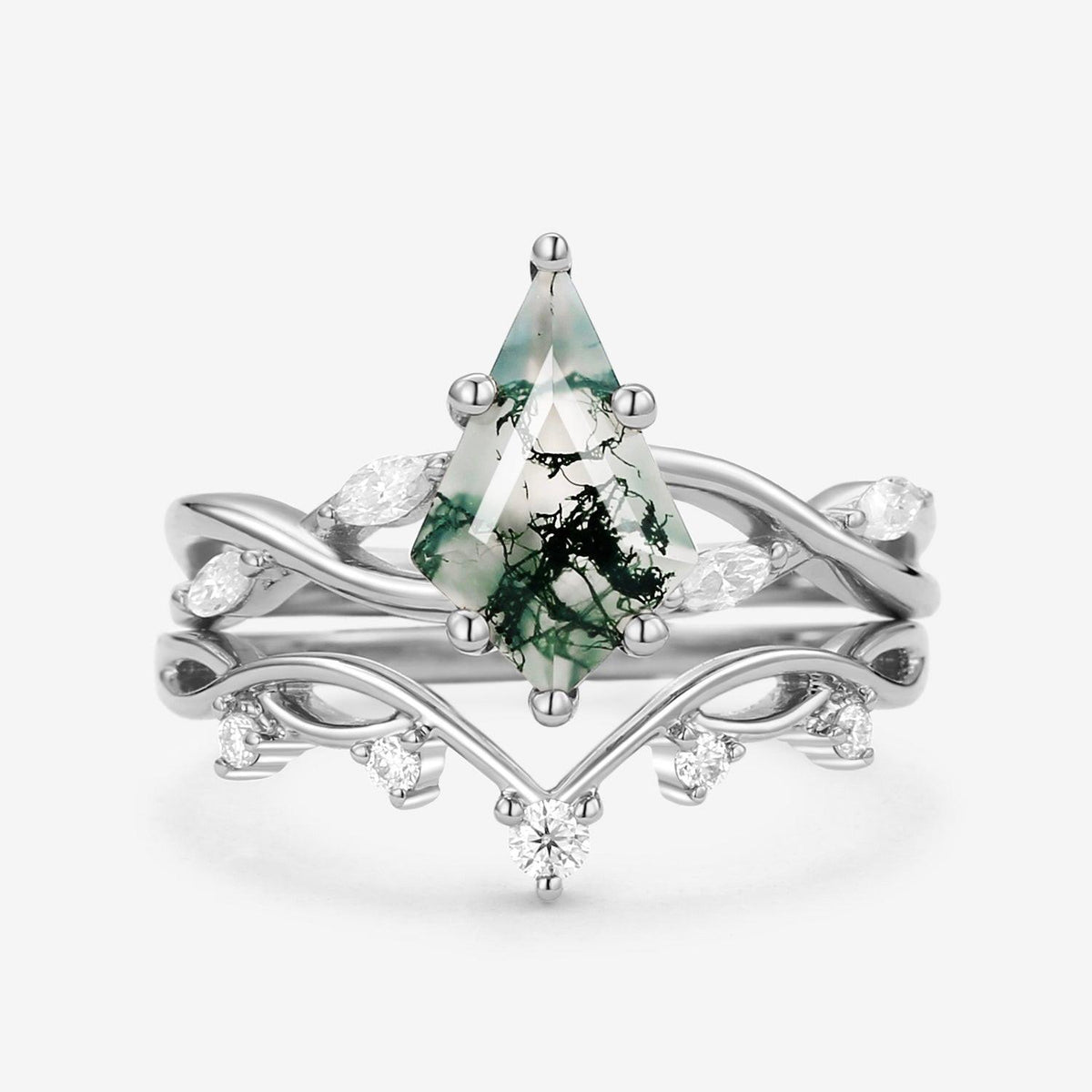 Unique Kite Cut Moss Agate Infinity Engagement Ring Sets 2pcs.