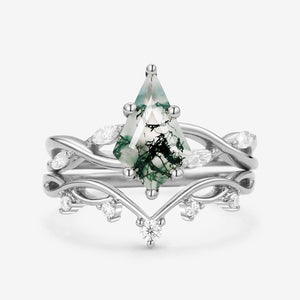 Unique Kite Cut Moss Agate Infinity Engagement Ring Sets 2pcs.