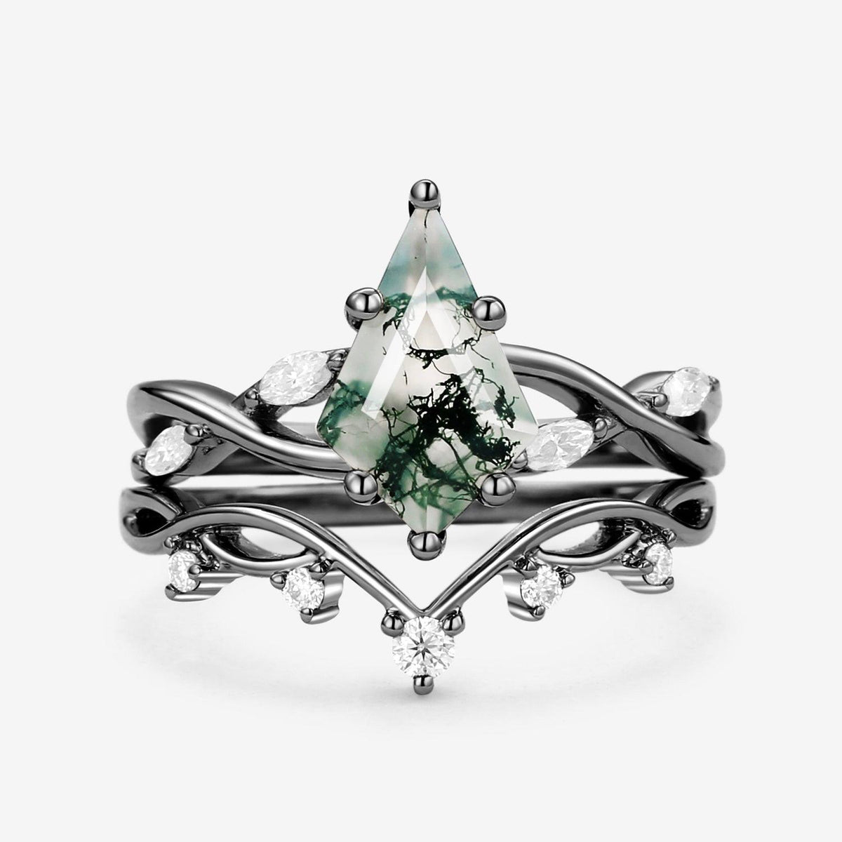Unique Kite Cut Moss Agate Infinity Engagement Ring Sets 2pcs.