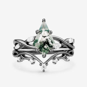 Unique Kite Cut Moss Agate Infinity Engagement Ring Sets 2pcs.