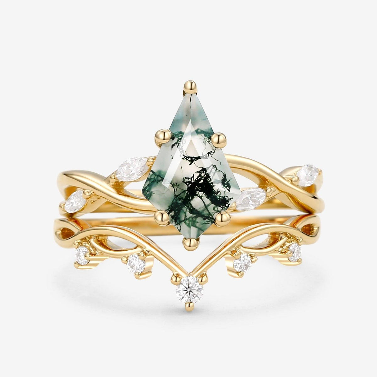 Unique Kite Cut Moss Agate Infinity Engagement Ring Sets 2pcs.