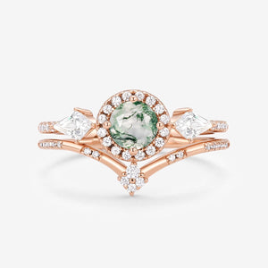 Round Shaped Moss Agate Halo Engagement Ring Sets 2pcs.