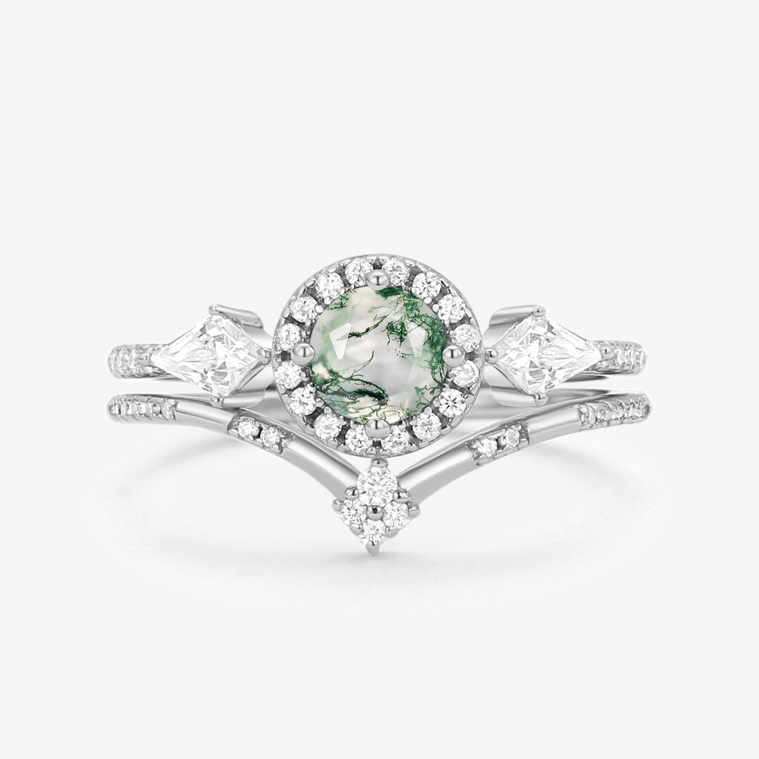 Round Shaped Moss Agate Halo Engagement Ring Sets 2pcs.