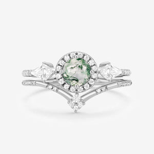 Round Shaped Moss Agate Halo Engagement Ring Sets 2pcs.