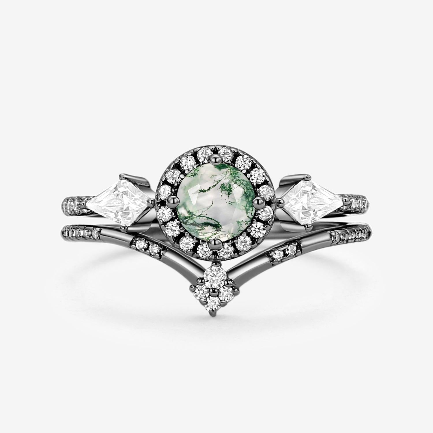 Round Shaped Moss Agate Halo Engagement Ring Sets 2pcs.