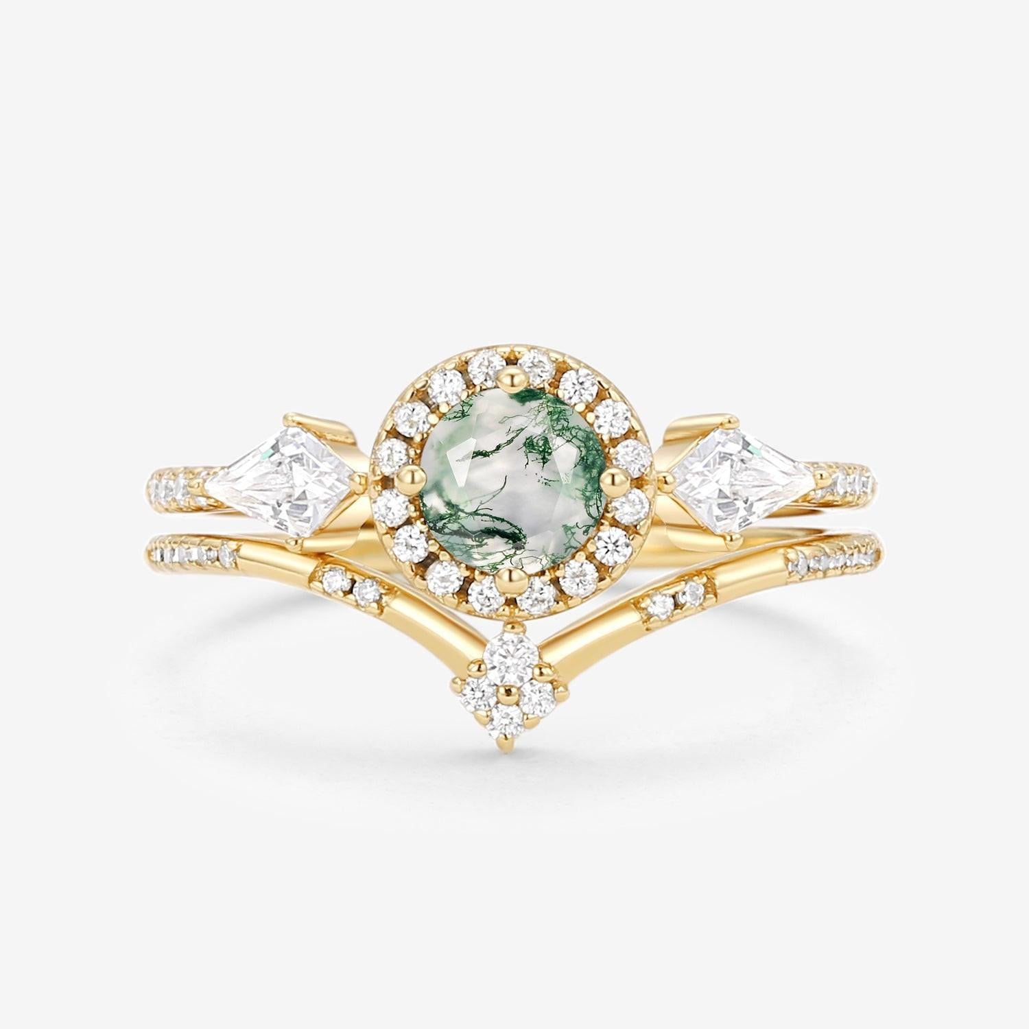 Round Shaped Moss Agate Halo Engagement Ring Sets 2pcs.