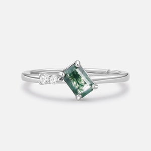 Minimalist Emerald Cut Moss Agate & Moissanite Engagement Ring.