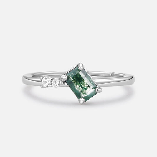 Minimalist Emerald Cut Moss Agate & Moissanite Engagement Ring.