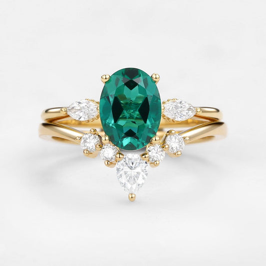Vera's Grace | Vintage Oval Emerald & Moissanite Bridal Set 2pcs.