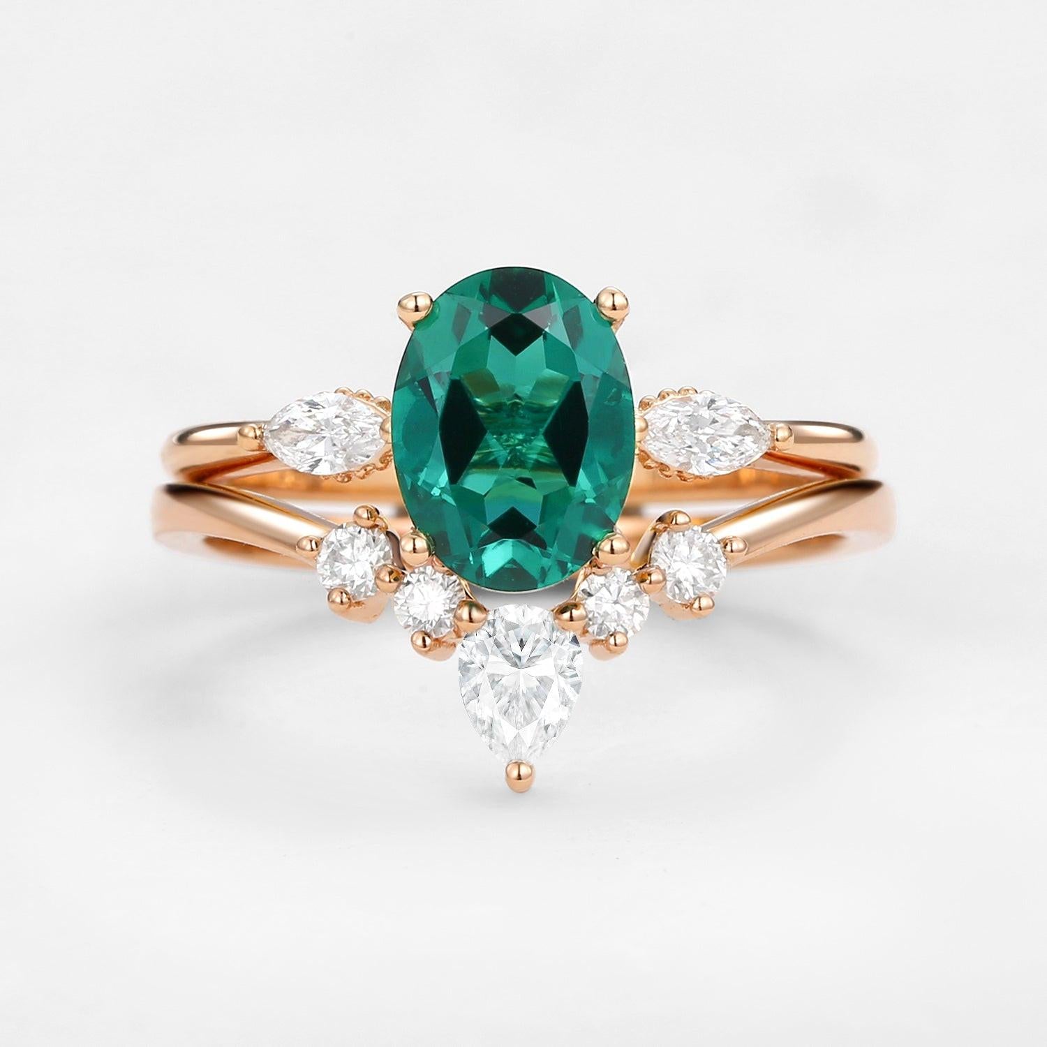 Vera's Grace | Vintage Oval Emerald & Moissanite Bridal Set 2pcs.