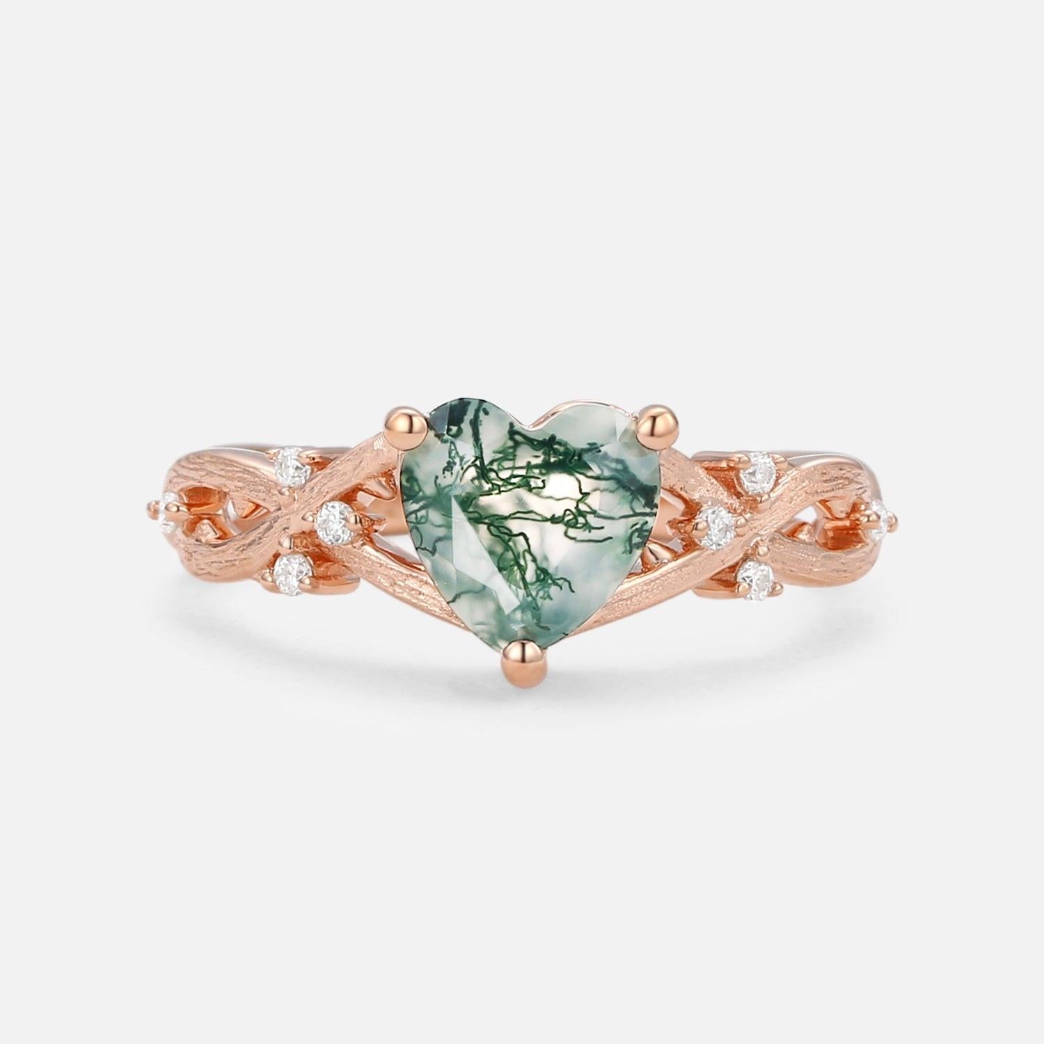 Heart Shape Moss Agate Infinity Engagement Ring.