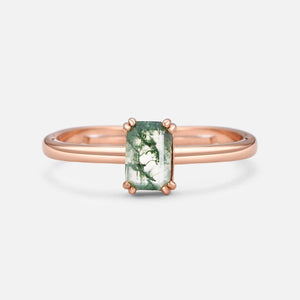 Emerald Cut Moss Agate Solitaire Engagement Ring.
