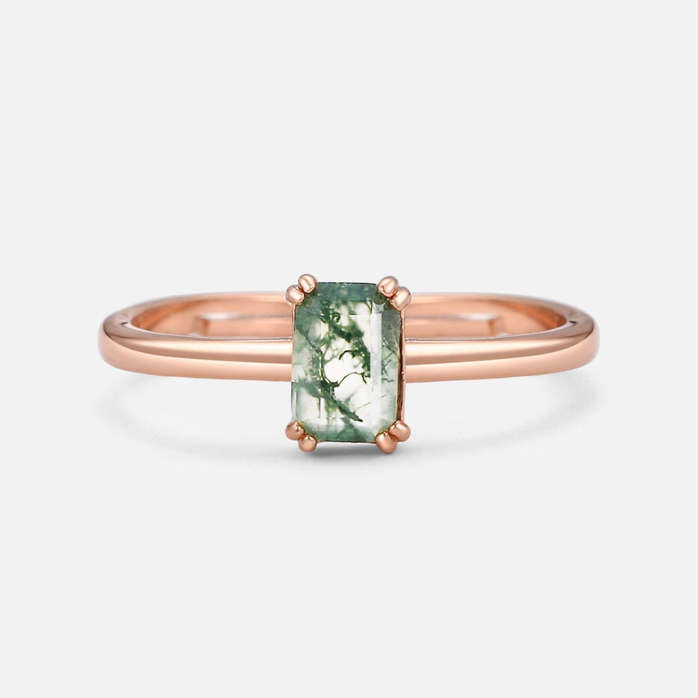 Emerald Cut Moss Agate Solitaire Engagement Ring.