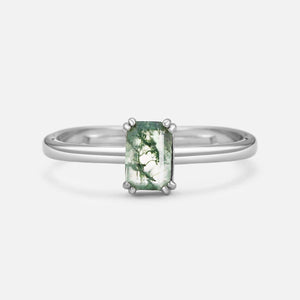 Emerald Cut Moss Agate Solitaire Engagement Ring.