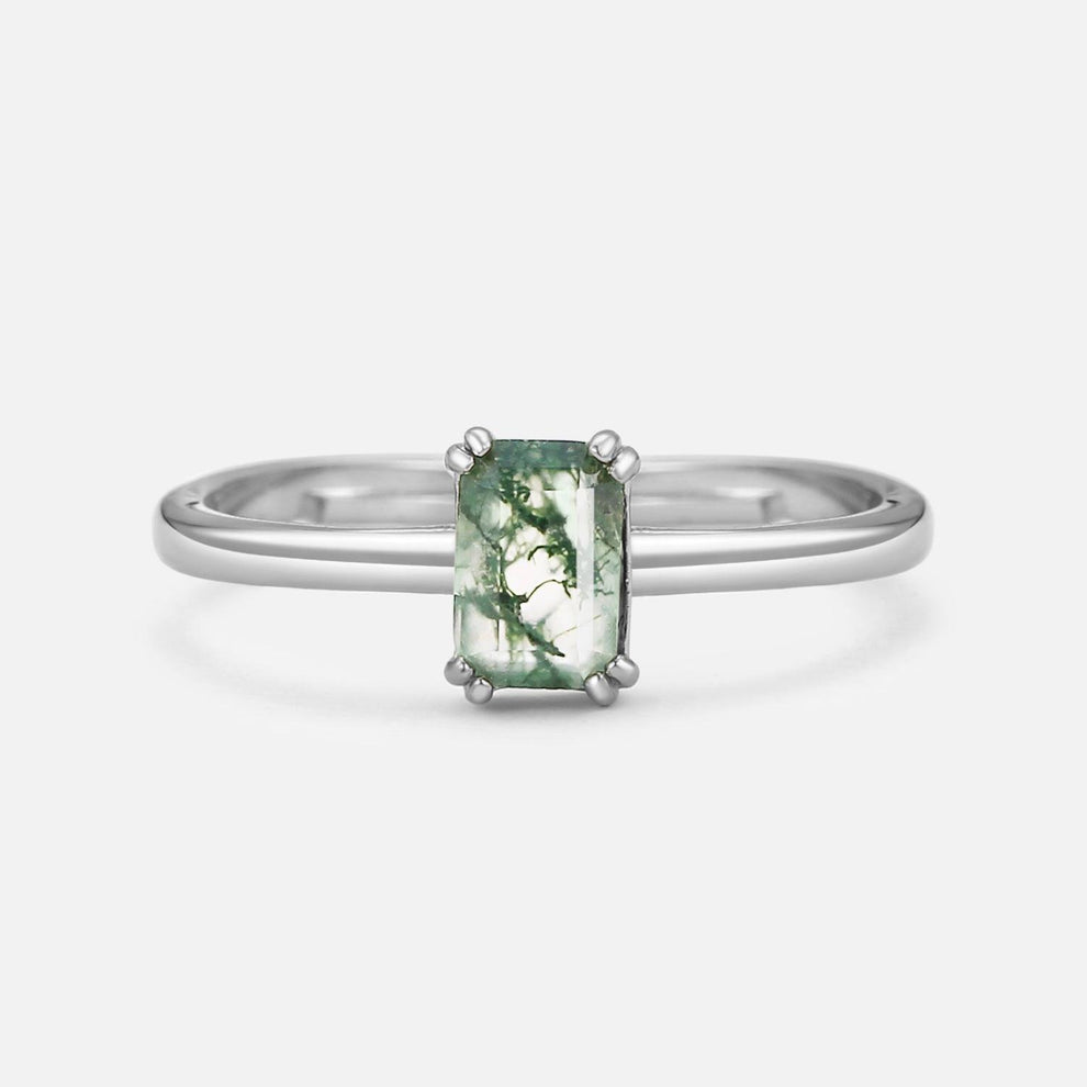 Emerald Cut Moss Agate Solitaire Engagement Ring.