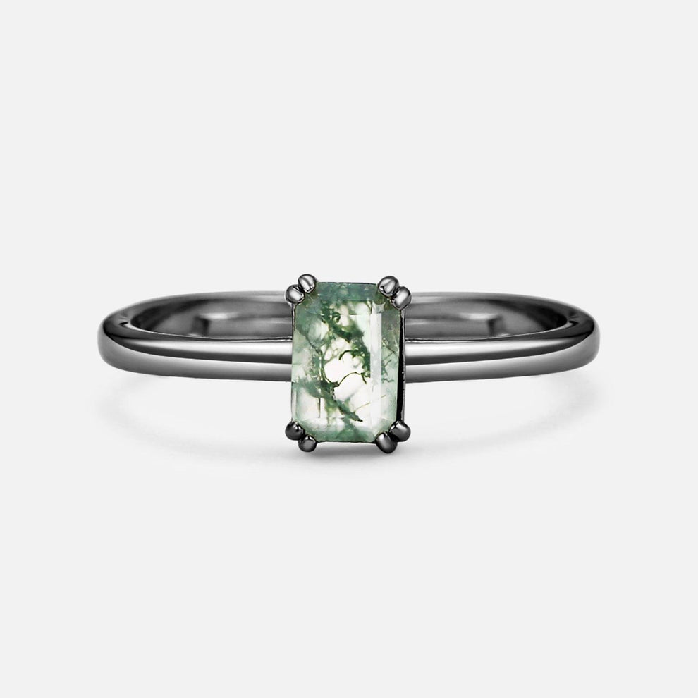 Emerald Cut Moss Agate Solitaire Engagement Ring.
