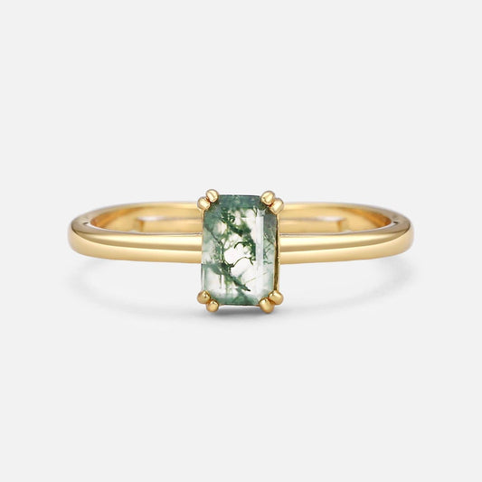 Emerald Cut Moss Agate Solitaire Engagement Ring.