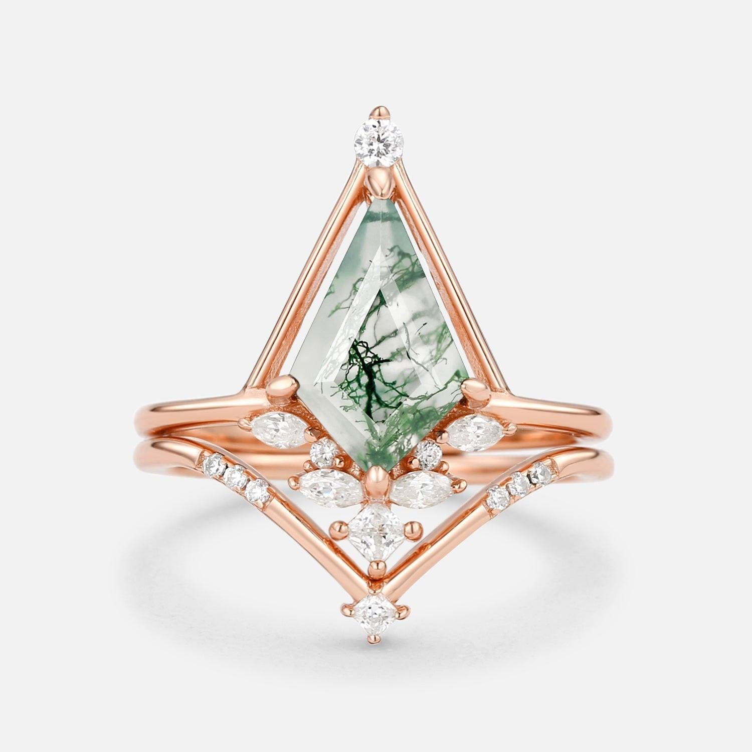Rime Unique Kite Cut Moss Agate & Moissanite Engagement Ring Set 2pcs.