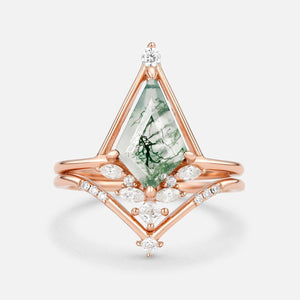 Rime Unique Kite Cut Moss Agate & Moissanite Engagement Ring Set 2pcs.
