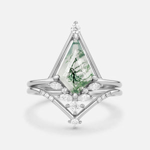Rime Unique Kite Cut Moss Agate & Moissanite Engagement Ring Set 2pcs.