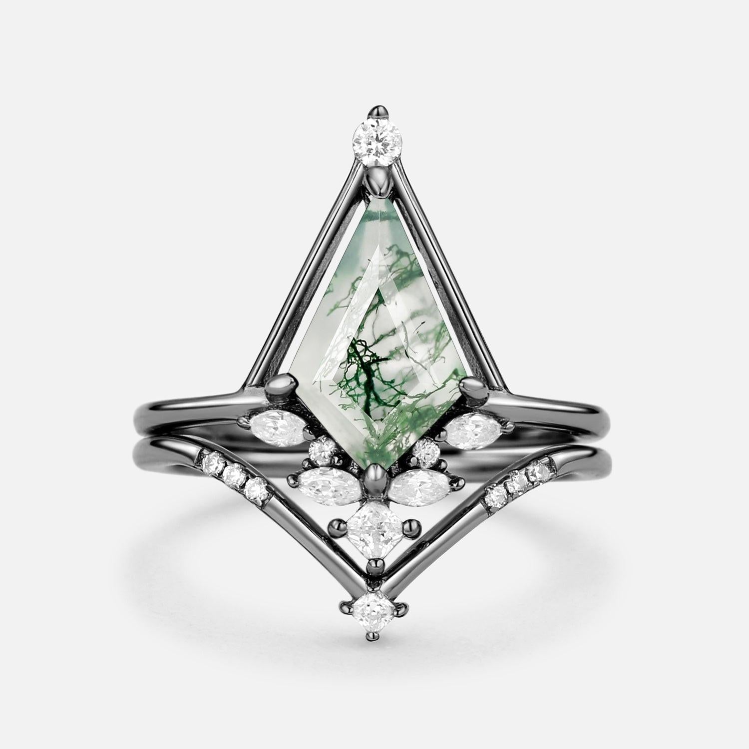 Rime Unique Kite Cut Moss Agate & Moissanite Engagement Ring Set 2pcs.