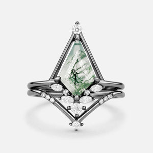 Rime Unique Kite Cut Moss Agate & Moissanite Engagement Ring Set 2pcs.