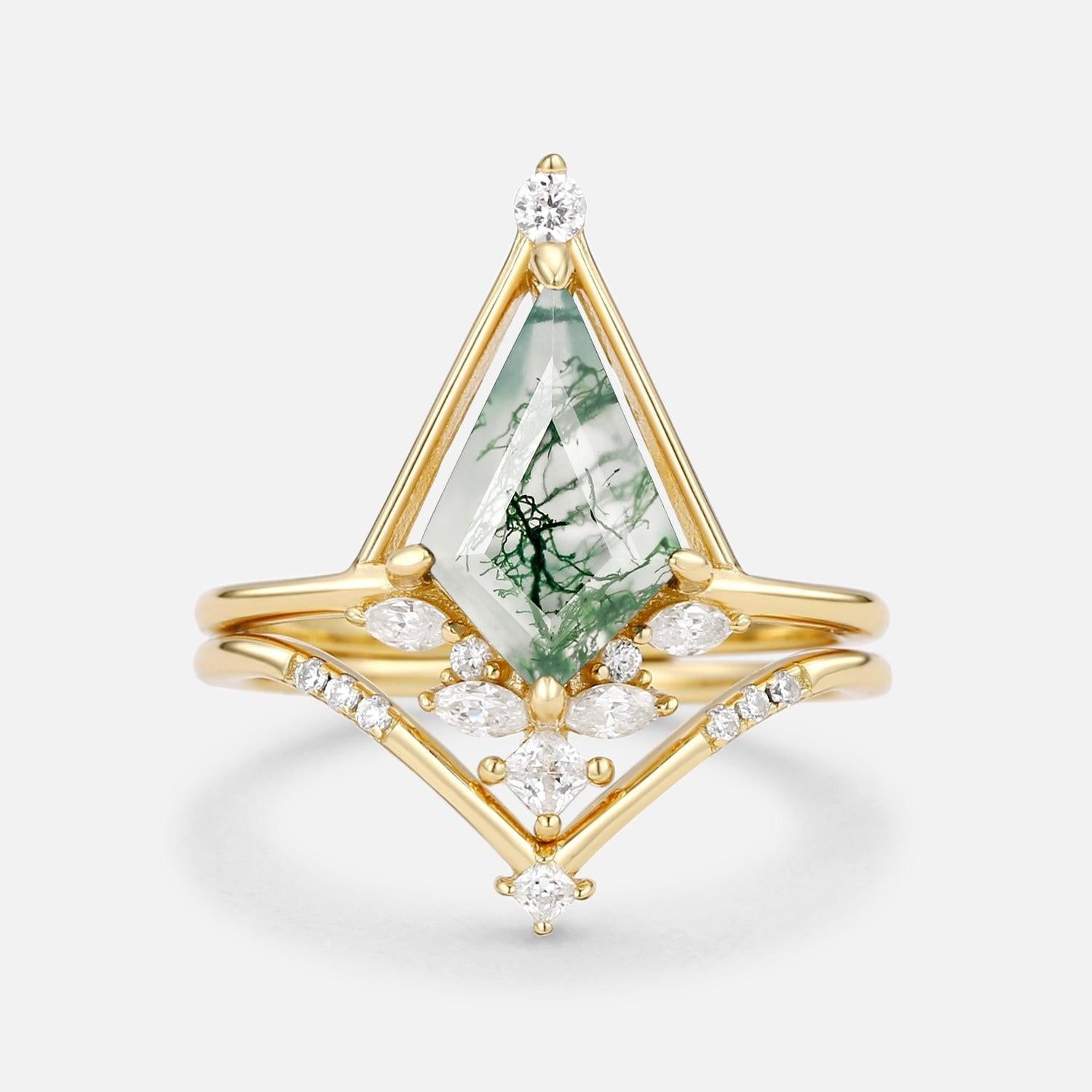 Rime Unique Kite Cut Moss Agate & Moissanite Engagement Ring Set 2pcs.
