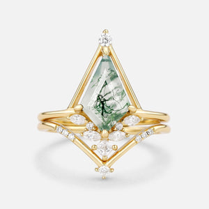 Rime Unique Kite Cut Moss Agate & Moissanite Engagement Ring Set 2pcs.