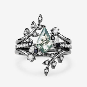 Philomena’s Entwine | Kite Cut Moss Agate & Black Moissanite Leafy Bridal Set 3pcs.