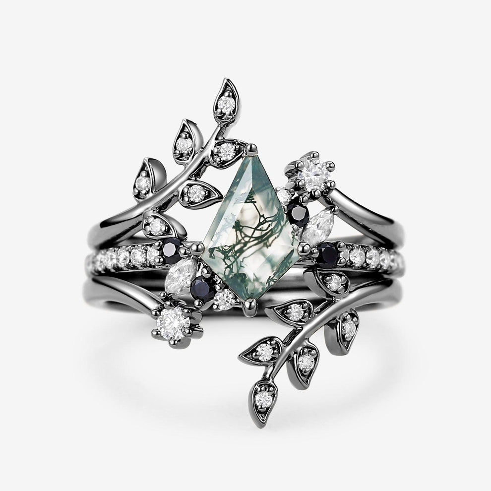 Philomena’s Entwine | Kite Cut Moss Agate & Black Moissanite Leafy Bridal Set 3pcs.