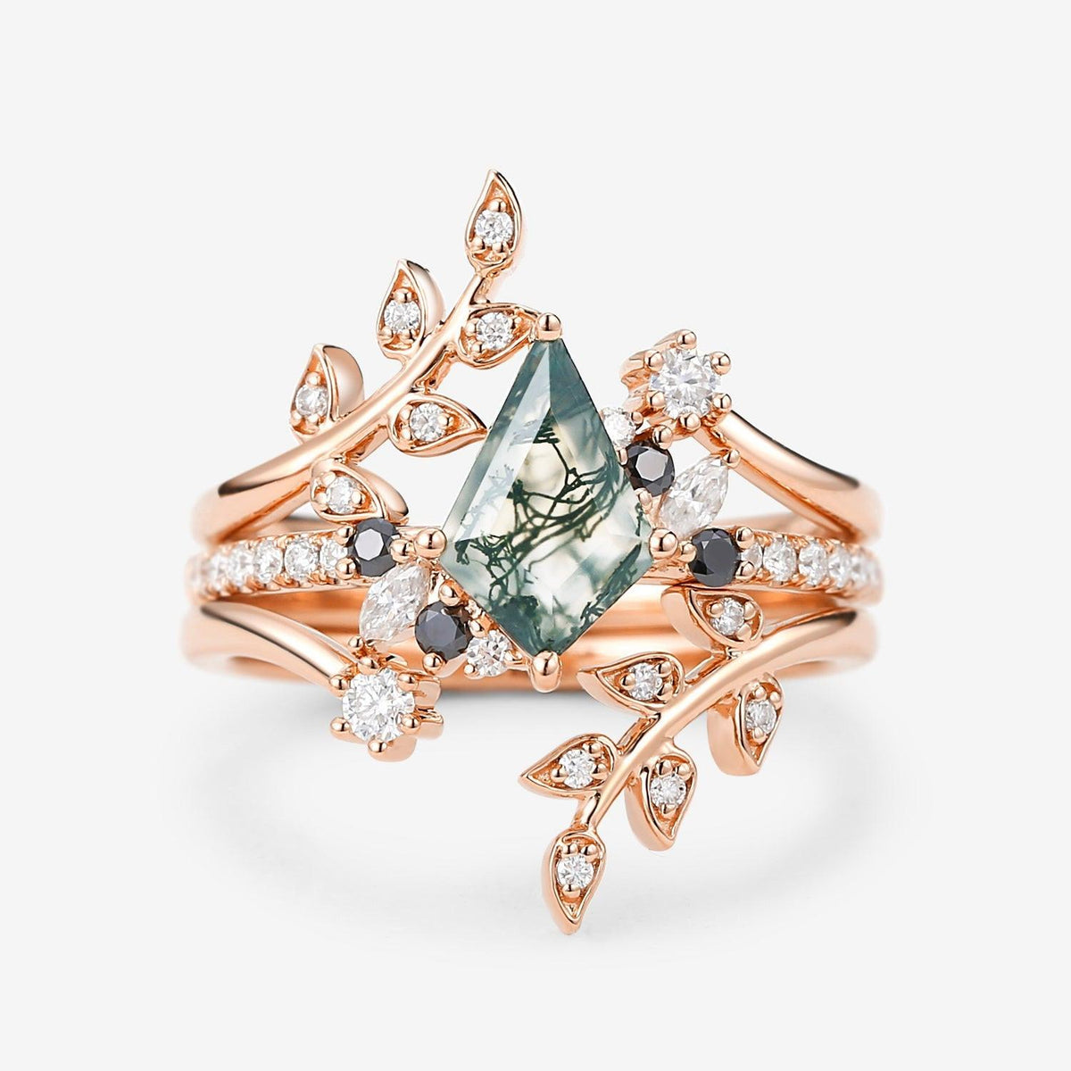 Philomena’s Entwine | Kite Cut Moss Agate & Black Moissanite Leafy Bridal Set 3pcs.