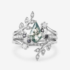 Philomena’s Entwine | Kite Cut Moss Agate & Black Moissanite Leafy Bridal Set 3pcs.