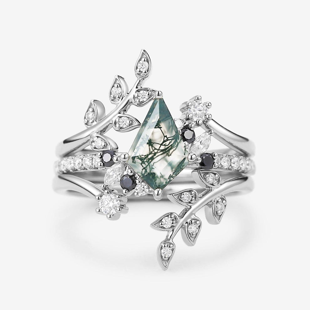 Philomena’s Entwine | Kite Cut Moss Agate & Black Moissanite Leafy Bridal Set 3pcs.