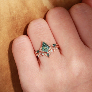 Unique Moss Agate Kite Cut Leaf Ring Set 2pcs.