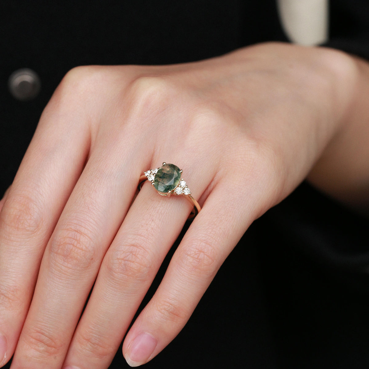 Aurora’s Dew | Oval Moss Agate Classic Cluster Engagement Ring.