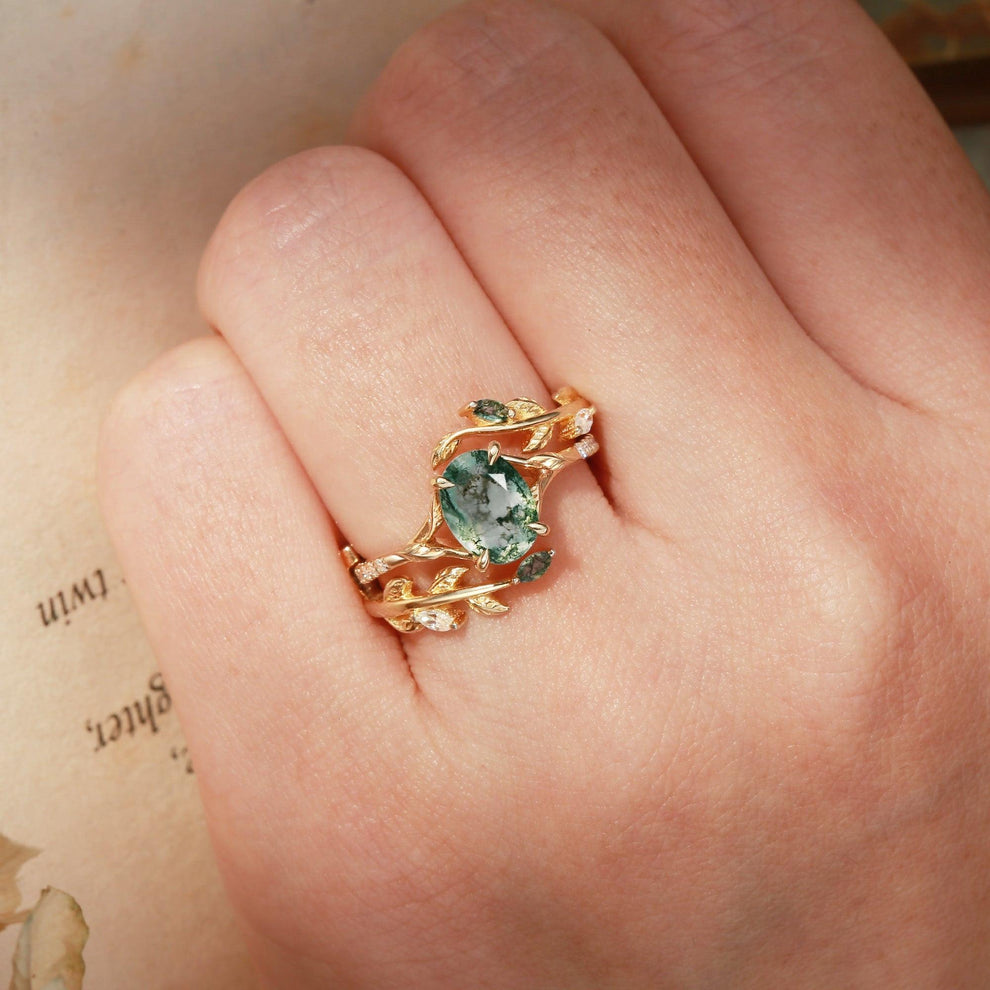 Cordelia’s Branching | Moss Agate Leafy Split Band Bridal Set 2pcs.