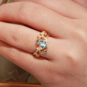 Dawn Pear Cut Moss Agate Leafy Engagement Ring Set 2pcs.