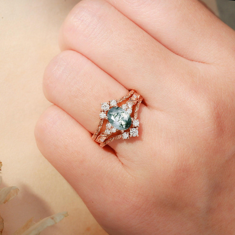 Hazel Blingflare Oval Moss Agate Filigree Ring Bridal Set 2pcs.