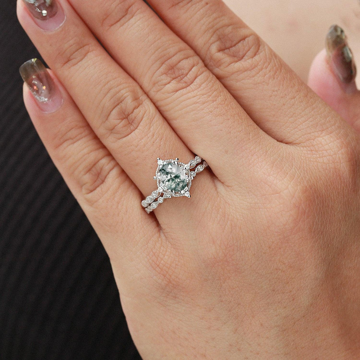 Camellia’s Cameo | Oval Moss Agate Cluster Vintage Bridal Set 2pcs.