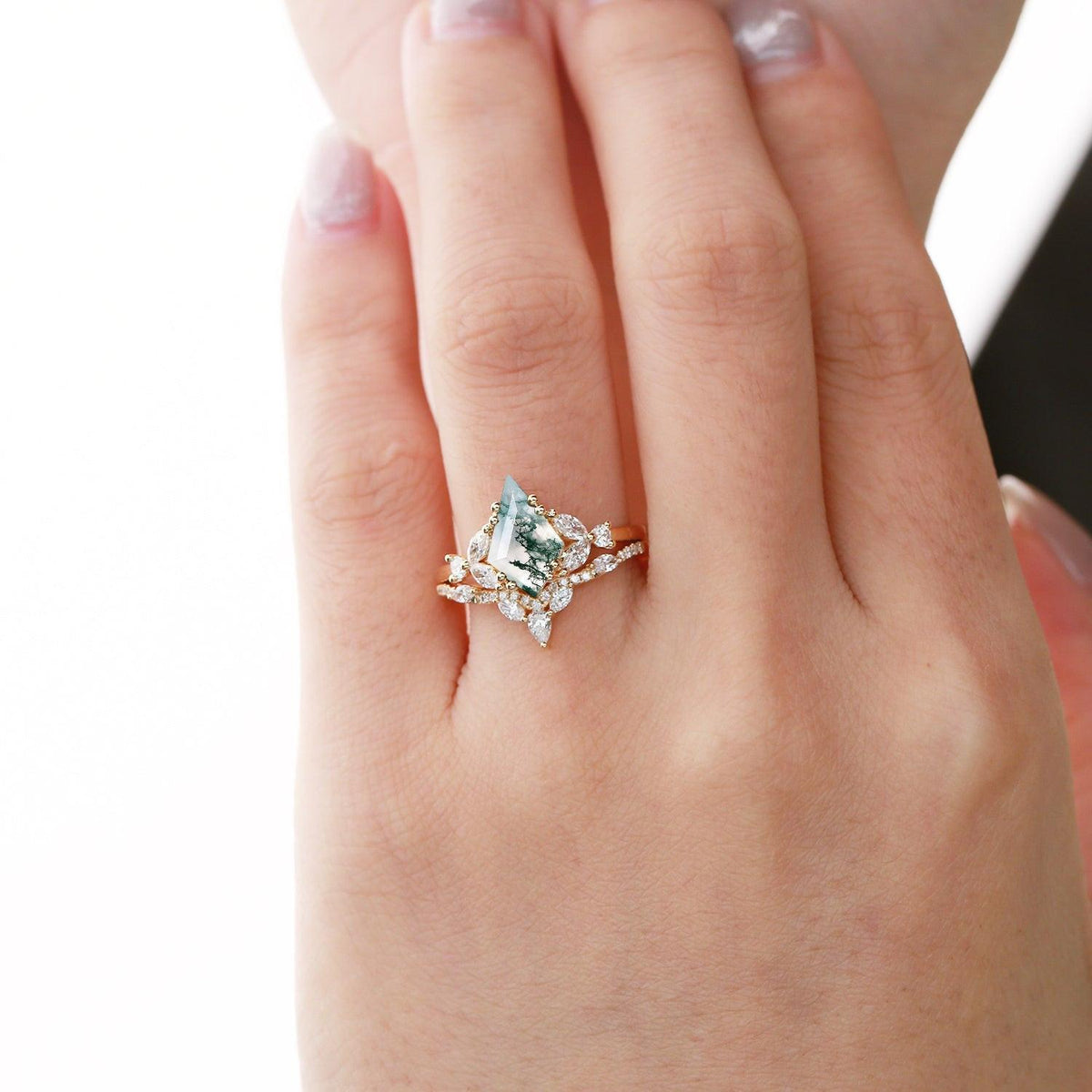 Nyx’s Cluster | Black Gold Moss Agate Cluster Engagement Ring Set 2pcs.