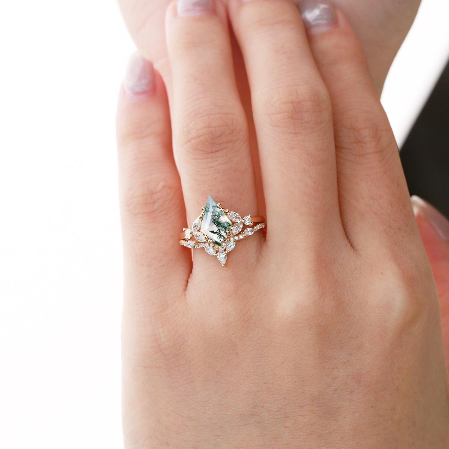 Nyx’s Cluster | Black Gold Moss Agate Cluster Engagement Ring Set 2pcs.