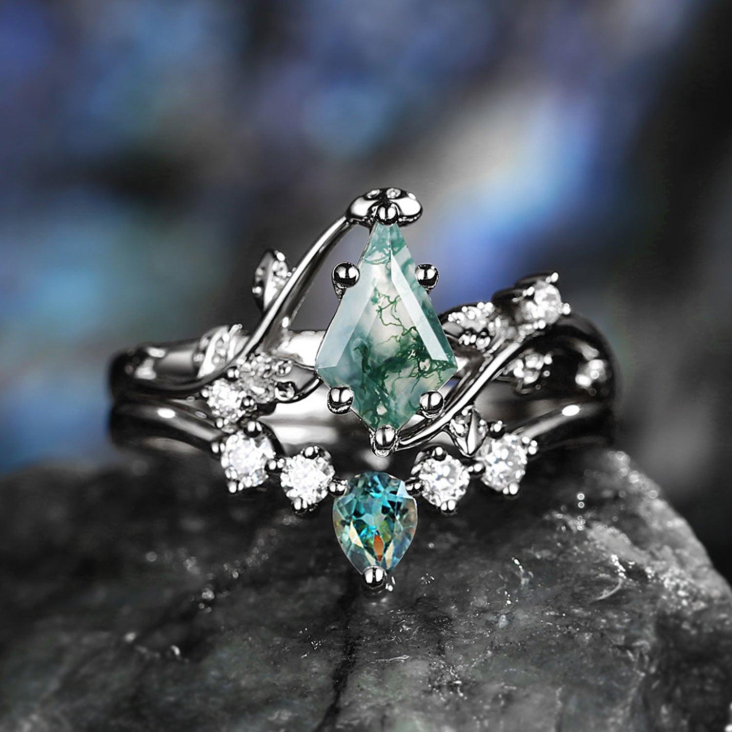 Sylvie’s Brook | Kite Cut Moss Agate & Teal Sapphire Leafy Bridal Set 2pcs.