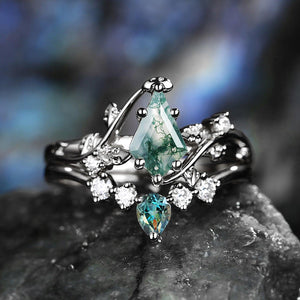 Sylvie’s Brook | Kite Cut Moss Agate & Teal Sapphire Leafy Bridal Set 2pcs.