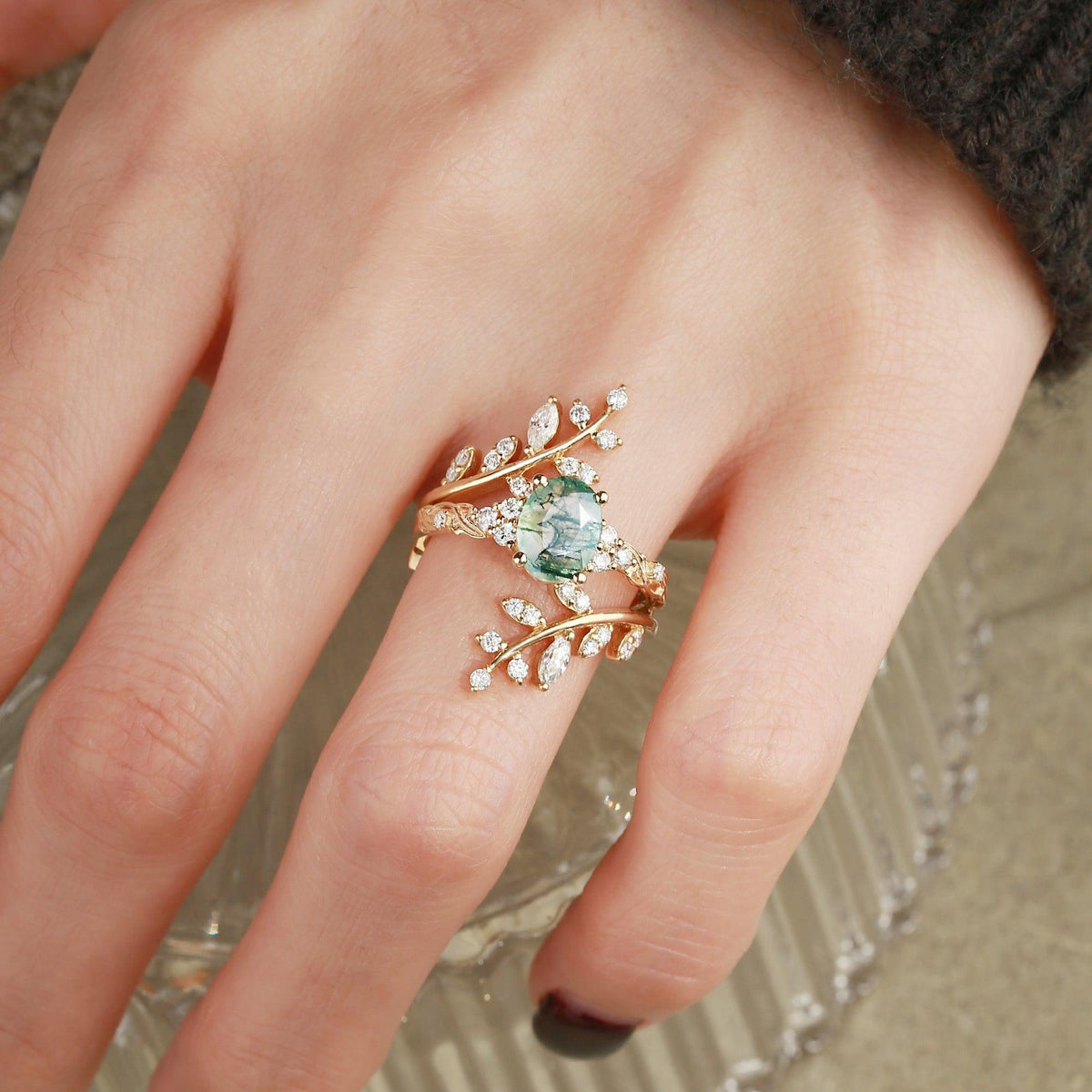 Sylvie’s Thicket | Oval Moss Agate Cluster Leafy Engagement Ring Set 2pcs.