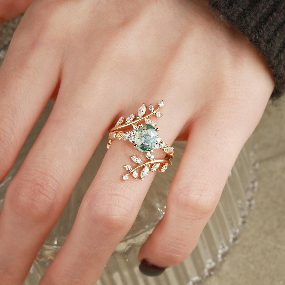 Sylvie’s Thicket | Oval Moss Agate Cluster Leafy Engagement Ring Set 2pcs.